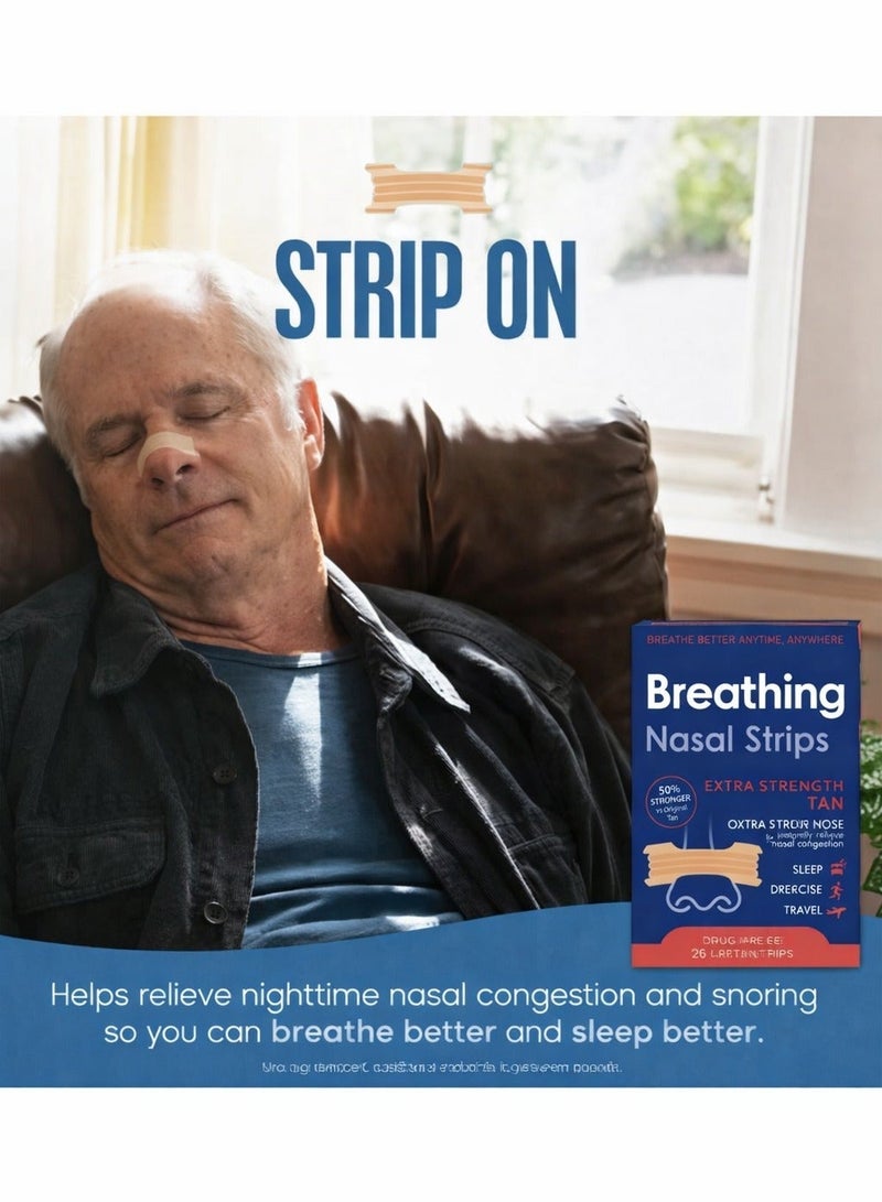 Breathe Right Extra Clear DrugFree Nasal Strips for Nasal Congestion Relief, 26Count (Pack of 1)Anti-snoring Breathing Nasal Strip Starter KitBoost Oxygen , Reduce Snoring, Improve Sleep Quality - Sweat Resistant, Skin Safe Nasal Strips, Drug-Free Snoring Solution & Nasal Congestion Relief Caused by Colds & Allergies(Skin tone) - Image 2